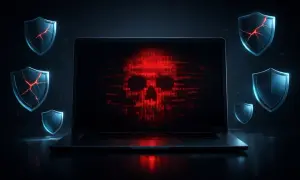 Laptop z czaszką z kodu binarnego na ekranie, otoczony pękniętymi tarczami. Symbolizuje atak ransomware i naruszenie bezpieczeństwa.