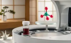 Model cząsteczki z zielonym atomem centralnym i czerwonymi atomami, obok probówki z czerwonym płynem. Może to symbolizować badania nad związkiem zawierającym fosfor.