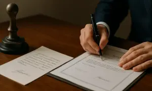 Notariusz sporządza testament z wydziedziczeniem. Na stole leży pieczęć i dokumenty.