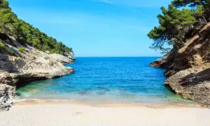 Una cala rosa spiaggia incastonata tra rocce e pini marittimi, con acque cristalline e un cielo azzurro intenso.
