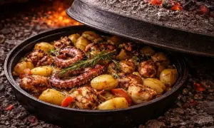 Ośmiornica z ziemniakami i rozmarynem, pieczona pod żelazną pokrywą. To jedno z dań, co się je w Chorwacji, przygotowane tradycyjnie na ogniu.