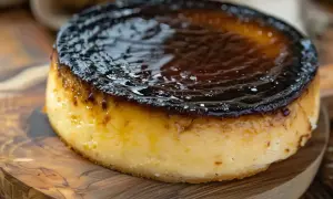 En krämig baskisk cheesecake med karamelliserad yta, serverad på en träskärbräda.