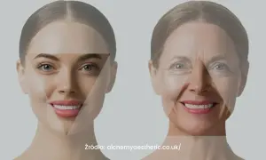 Porównanie twarzy młodej i starszej, z nałożonymi trójkątami. Bioplastia może pomóc przywrócić młodzieńczy wygląd.