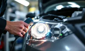 Un technicien vérifie le feu de position d'une voiture lors d'un contrôle technique, s'assurant de sa conformité.