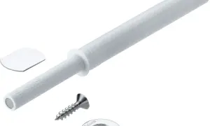 System tip on: biały mechanizm push-to-open Blum z magnesem, śrubą i blaszką.