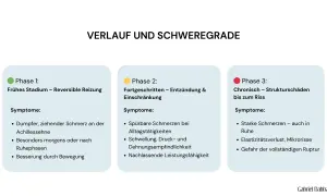 Schema zeigt den Verlauf von Achillessehne Schmerzen in drei Phasen: Reizung, Entzündung und Strukturschäden bis zum Riss.