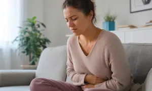 Donna seduta sul divano con le mani sull'addome, visibilmente sofferente per un mal di pancia dopo mangiato.