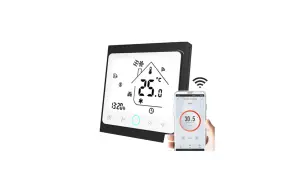 Thermostat intelligent notice thermostat Tuya, affichant 25.0°C et connecté à un smartphone.