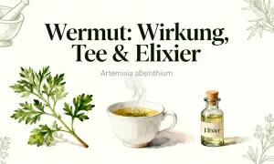 Wermut: Wirkung, Tee & Elixier. Eine Wermut Pflanze neben einer dampfenden Tasse Tee und einem Elixier.