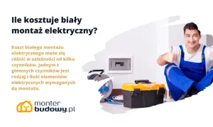 Elektryk w niebieskim ogrodniczkach pokazuje kciuki w górę obok skrzynki z narzędziami i rozdzielnicy. Biały montaż elektryczny to koszt zależny od wielu czynników.