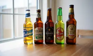 Cinque bottiglie di birra, tra cui Budweiser, Sierra Nevada e Guinness, pronte per essere raffreddate. La temperatura birra in frigo è ideale per gustarle al meglio.