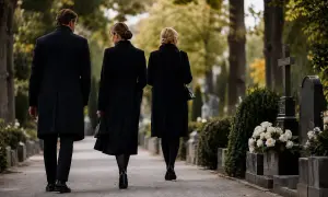 Trzy osoby w czarnych płaszczach idą cmentarzem. Wskazówka, jak się ubrać na pogrzeb: elegancja i powaga.
