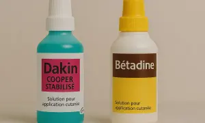 Deux flacons de produit désinfectant hopital : Dakin Cooper Stabilisé et Bétadine, solutions pour application cutanée.