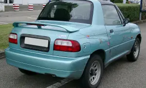 Niebieski Suzuki X90 z charakterystycznymi naklejkami na boku, widok z tyłu.