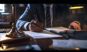 Un homme en costume signe des documents, peut-être pour un détournement de fonds et son remboursement.
