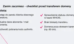 Checklista przed transferem domeny: dostęp do panelu, aktualne dane, kod authinfo, status WHOIS, brak blokady, domena poza karencją.