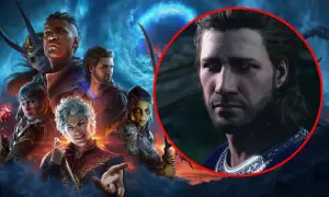 Postać z gry Baldur's Gate 3 premiera, otoczona przez innych bohaterów i mistyczną poświatę.