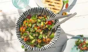 Frischer Tomaten Gurken Salat mit Kräutern, serviert in einer Schüssel mit blau-weißen Streifen. Daneben ein Glas Wasser und gegrilltes Fladenbrot.