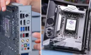 Placa base MSI con zócalo LGA 1851, lista para el futuro. Muestra el panel trasero con puertos y el frontal con disipadores.