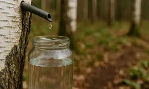Kropla soku z brzozy spływa do słoika, w lesie.