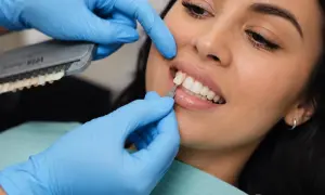 Dobór idealnego odcienia żywicy kompozytowej na zęby. Dentysta porównuje kolor zęba z wzornikiem.