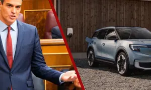 Pedro Sánchez en el Congreso, mientras un coche eléctrico espera su turno en la lista de espera del plan moves iii.