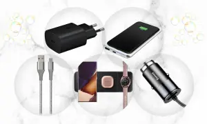 Różnorodne typy ładowarek do telefonów: sieciowa, bezprzewodowa, samochodowa, kable USB i ładowarka do zegarka.