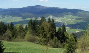 Zielone wzgórza i lasy otaczają malownicze gorce miejscowości. W oddali widać góry i niebo z chmurami.