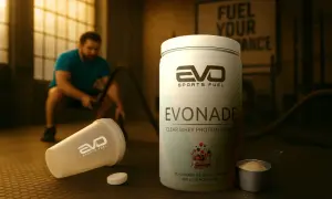 Ein Mann trainiert im Hintergrund. Im Vordergrund steht eine Dose EVONADE Protein, die zeigt, wie hilft proteinpulver beim abnehmen.