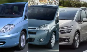 Trzy generacje Citroëna C8: niebieski z kobietą za kierownicą, szary z panoramicznym dachem i jasnoszary z nowoczesnymi światłami.