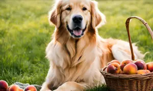 Goldener Retriever genießt ein Picknick mit Nektarinen und Pfirsichen im Gras.