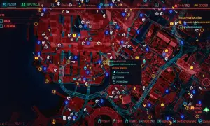 Cyberpunkowa mapa miasta z zaznaczonymi zadaniami i punktami zainteresowania. Echa przeszłości wzywają do sprawdzenia źródła zamieszania.