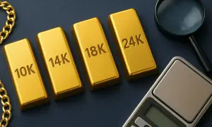 Sztabki złota o próbach 10K, 14K, 18K i 24K, obok wagi jubilerskiej i szkła powiększającego. Każda sztabka to symbol bogactwa, a 24K to czyste złoto.