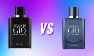 Dwa flakony Acqua di Gio Giorgio Armani: czarny Profumo i niebieski Profondo, na tle gradientu fioletowo-niebieskiego.