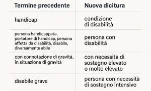 Tabella che confronta vecchi e nuovi termini per descrivere la disabilità, utile per comprendere il significato di "invalido civile".