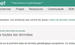 Menu Geneanet : "Ma généalogie" > "Voir mon arbre". Option "Envoyer un GEDCOM" visible.