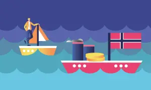 Mann auf Segelboot, daneben ein Schiff mit norwegischer Flagge und Münzen. Symbolisiert den norwegischen Staatsfonds ETF.