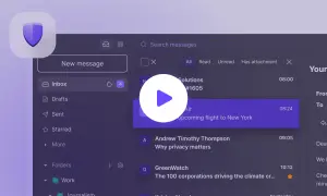 Interfejs poczty e-mail, przypominający Tutanota czy ProtonMail, z ikoną tarczy i listą wiadomości.