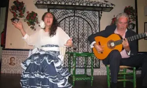 Una bailaora flamenca y un guitarrista, ¿de donde viene la palabra ole? La pasión en sus gestos evoca la fuerza de esta exclamación.