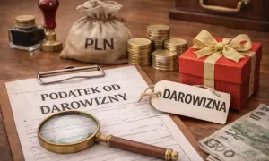 Dokument "Podatek od darowizny", worek z PLN, monety, czerwone pudełko z kokardą i lupa. Zstępny podatek czeka.