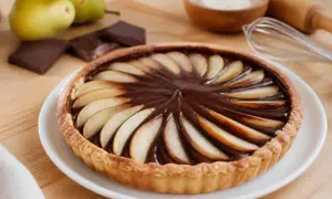 Une délicieuse tarte poire chocolat, garnie de fines tranches de poires sur un lit de ganache onctueuse.