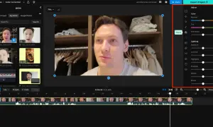 Panel edycji wideo z opcjami korekcji koloru, w tym suwakami do regulacji ciepła, nasycenia i ekspozycji, tworząc płynną gradację kolorów.