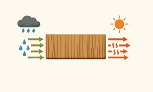 Ilustración de una tabla de madera: la lluvia y flechas verdes entran por la izquierda, el sol y flechas naranjas salen por la derecha. ¿Cuánto hay que dejar secar la imprimación?