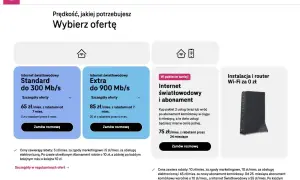 Oferty internetu światłowodowego: Standard do 300 Mb/s za 65 zł/mies., Extra do 900 Mb/s za 85 zł/mies. Pakiet światłowód i abonament za 75 zł/mies.
