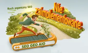 Człowiek biegnie na bieżni, tracąc pieniądze, podczas gdy stosy gotówki symbolizują niezrealizowane pozycjonowanie strony w wyszukiwarkach.