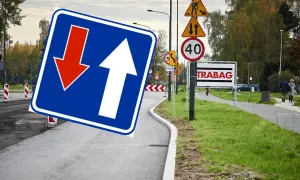 Znak D5 informuje o kierunku ruchu. Strzałka w górę oznacza jazdę prosto, a czerwona w dół – ustąp pierwszeństwa.