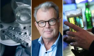 Triptyk som visar antidepressiva, en man med glasögon och ett glas öl. En påminnelse om riskerna med antidepressiva och alkohol.