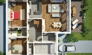 Ein moderner Grundriss mit Schlafzimmer, Bad, Küche, Wohn- und Essbereich. Ein Traumhaus mit Terrasse und Garage.