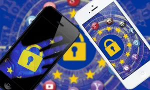Dwa smartfony z symbolami blokady i flagą UE. Ikony aplikacji i cyfrowy kod podkreślają znaczenie prywatności w erze cyfrowej.