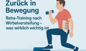Mann macht Reha-Training mit Hantel und Step-Aerobic. Illustration zeigt Wirbelsäule mit Schrauben, die für beweglichkeit nach LWS-Versteifung steht.